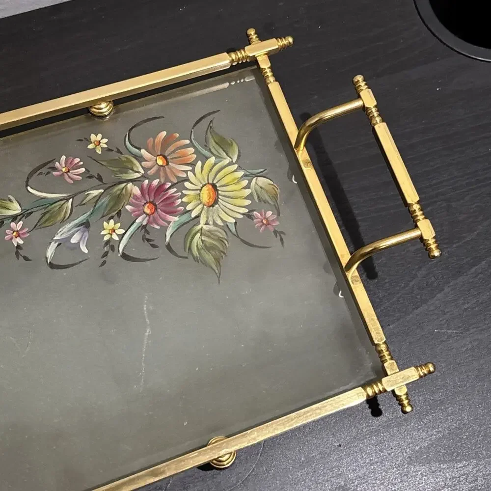 Vintage MCM Hollywood Regency Brass Frame Glass Hand Painted Floral Serving Tray